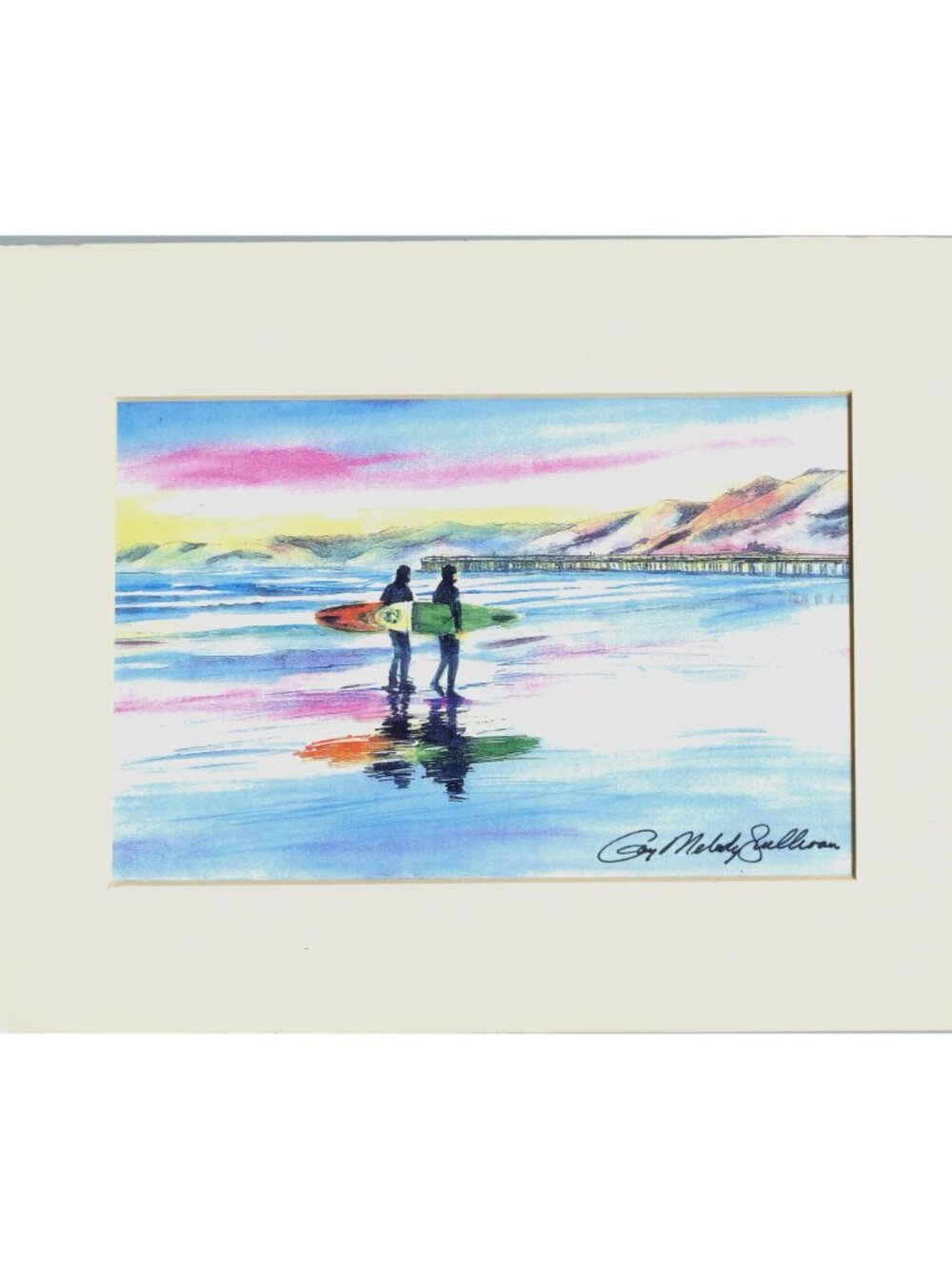 Two Surfers Watercolor Print By Gay Melody Sullivan With Coastal Scene & Vibrant - Picture 2 of 2
